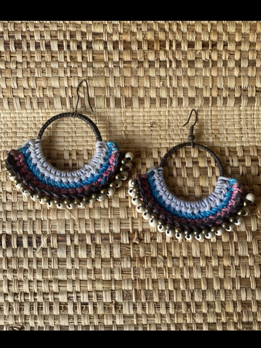 🌟4 for $20 Boho Crochet Hoop Earrings with Pink, Blue & White - Gold Bead Fringe